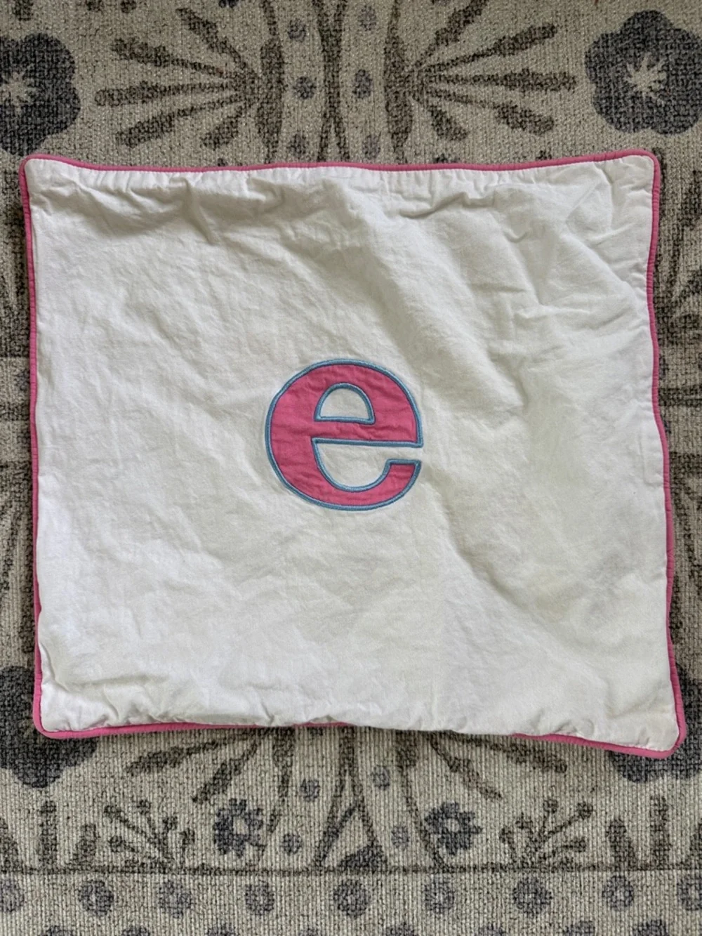 Pottery Barn Kids White Pillow Cover with Pink and Blue Monogram 'e'